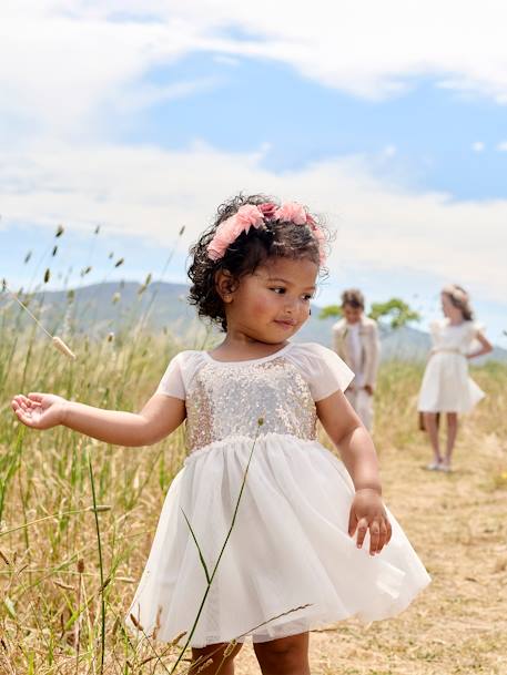 Short Sleeve Dress with Button-Up & Sequins at the Back white - vertbaudet enfant 