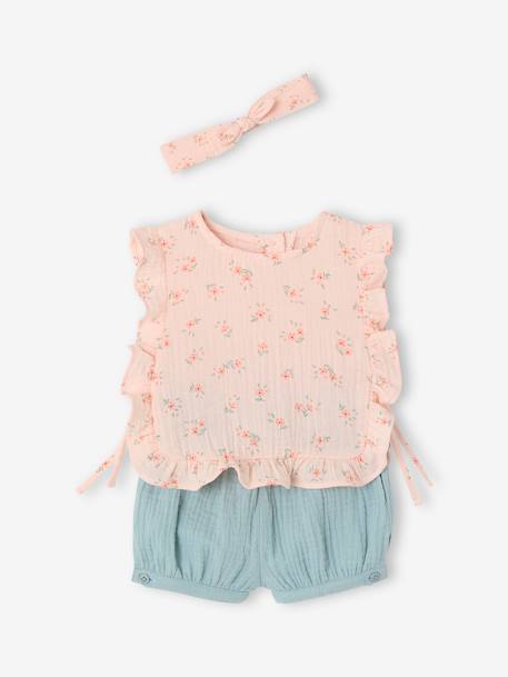 Baby Set: Blouse + Shorts + Headband in Cotton Gauze pale pink - vertbaudet enfant 