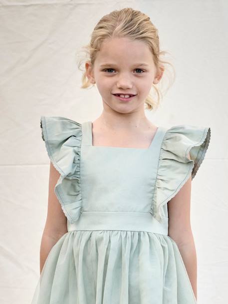 Robe cérémonie fille satin de coton à volants blanc+écru+rose pâle+vert sauge - vertbaudet enfant 