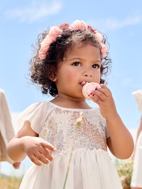 Short Sleeve Dress with Button-Up & Sequins at the Back white - vertbaudet enfant 