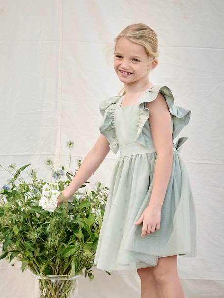 Robe cérémonie fille satin de coton à volants blanc+écru+rose pâle+vert sauge - vertbaudet enfant 