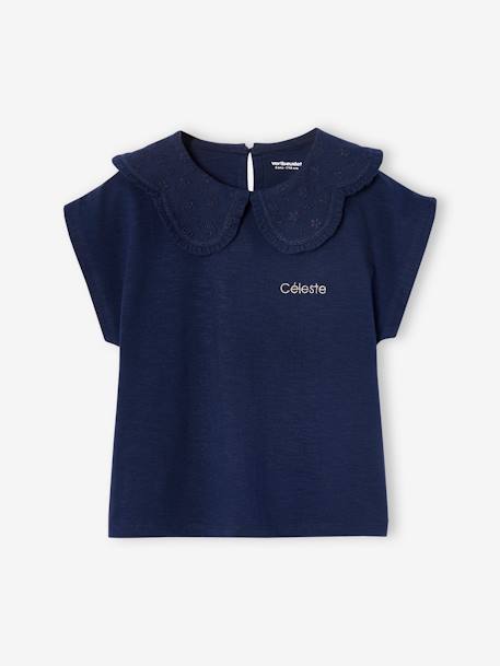 Girls' fancy embroidered collar T-shirt coral+ecru+navy blue - vertbaudet enfant 