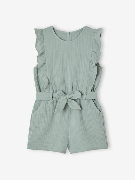 Frilly Cotton Gauze Playsuit for Girls ecru+sage green - vertbaudet enfant 