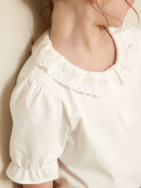 Girl's t-shirt with English embroidery collar CYRILLUS in organic cotton ecru - vertbaudet enfant 