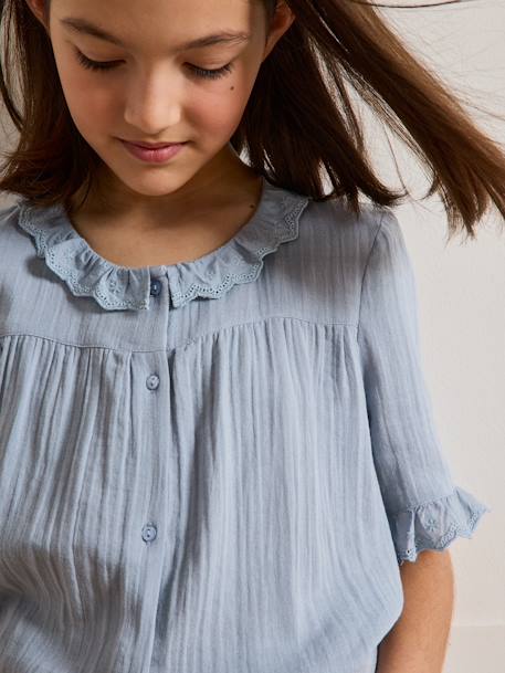 Chemise fille en gaze - coton biologique bleu jean+vert sauge - vertbaudet enfant 