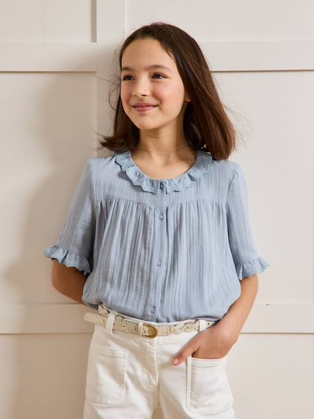 Girl's gauze shirt - organic cotton CYRILLUS denim blue+sage green - vertbaudet enfant 
