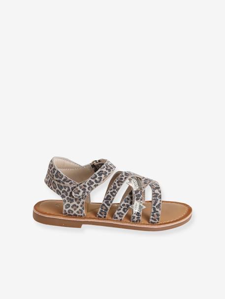 Pair of Leather Hook-&-Loop Sandals for Children, Designed for Autonomy printed beige - vertbaudet enfant 