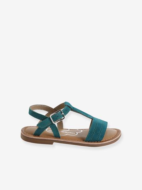 Leather Sandals for Girls, Designed for Autonomy 6467+brown+printed brown+turquoise - vertbaudet enfant 