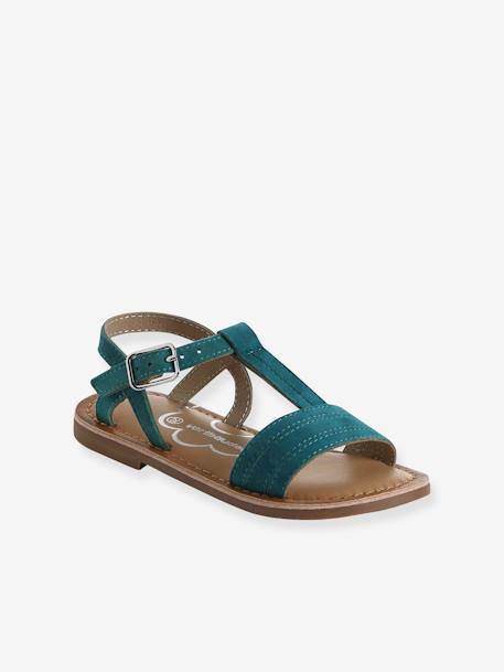 Leather Sandals for Girls, Designed for Autonomy 6467+brown+printed brown+turquoise - vertbaudet enfant 