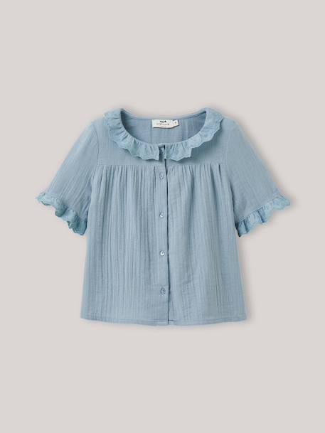 Girl's gauze shirt - organic cotton CYRILLUS denim blue+sage green - vertbaudet enfant 