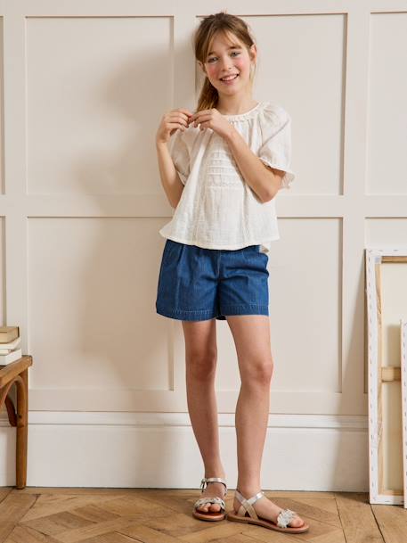 Girl's English embroidery blouse in cotton gauze CYRILLUS ecru - vertbaudet enfant 