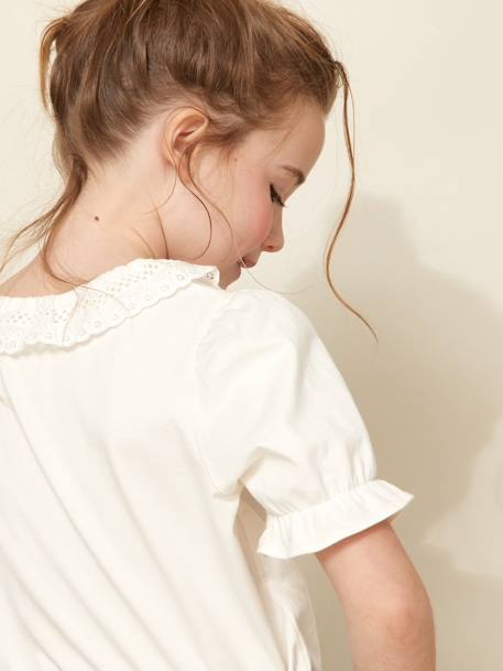 Girl's t-shirt with English embroidery collar CYRILLUS in organic cotton ecru - vertbaudet enfant 