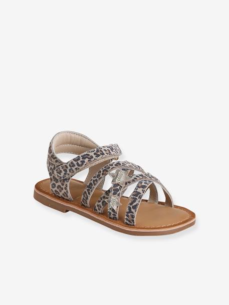 Pair of Leather Hook-&-Loop Sandals for Children, Designed for Autonomy printed beige - vertbaudet enfant 