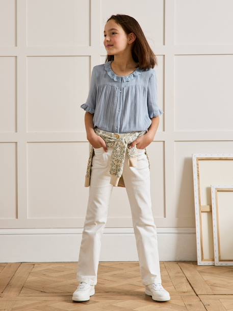 Girl's gauze shirt - organic cotton CYRILLUS denim blue+sage green - vertbaudet enfant 