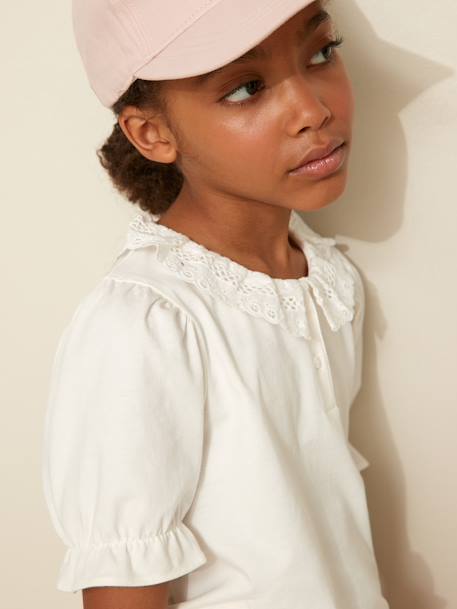 Girl's t-shirt with English embroidery collar CYRILLUS in organic cotton ecru - vertbaudet enfant 