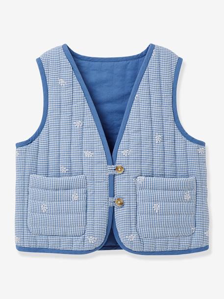 Gingham embroidered CYRILLUS girl's sleeveless quilted jacket chequered blue - vertbaudet enfant 