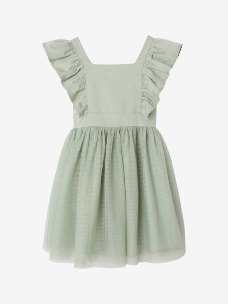 Robe cérémonie fille satin de coton à volants blanc+écru+rose pâle+vert sauge - vertbaudet enfant 