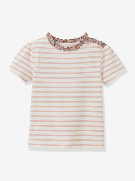Girl's short-sleeved CYRILLUS organic cotton Liberty® fabric Breton t-shirt rose - vertbaudet enfant 