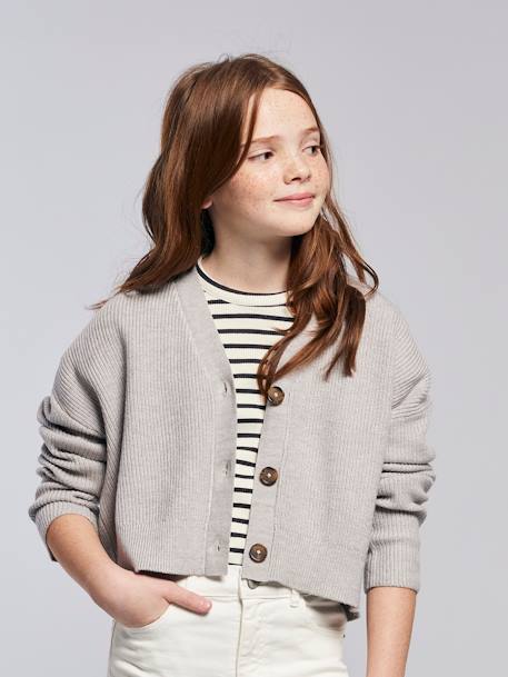 Cropped Cardigan for Girls, JONEN ecru+marl grey - vertbaudet enfant 