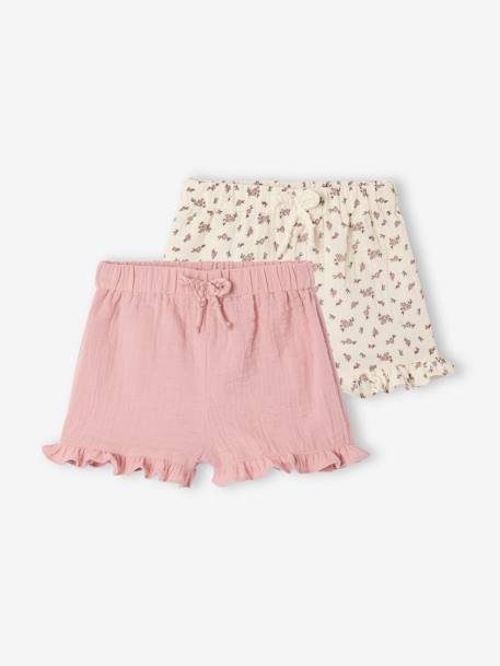 Pack of 2 baby shorts, 1 plain + 1 printed rose - vertbaudet enfant 