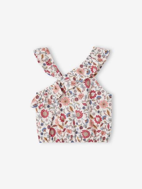 Asymmetrical Frill Blouse with Floral Print, for Girls ecru - vertbaudet enfant 