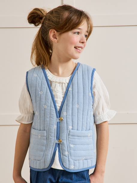 Gingham embroidered CYRILLUS girl's sleeveless quilted jacket chequered blue - vertbaudet enfant 