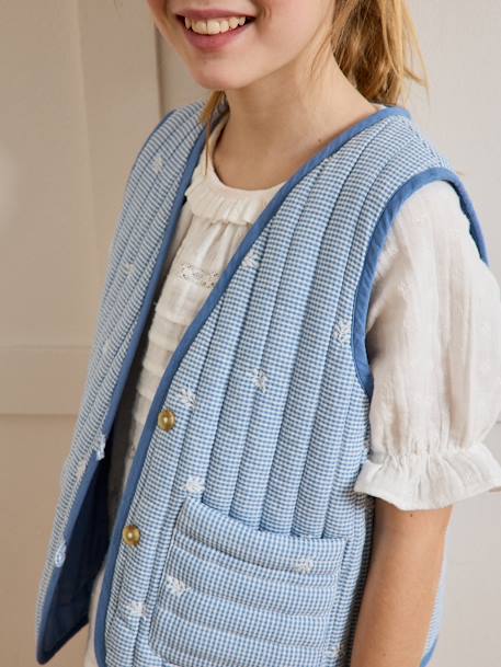 Gingham embroidered CYRILLUS girl's sleeveless quilted jacket chequered blue - vertbaudet enfant 