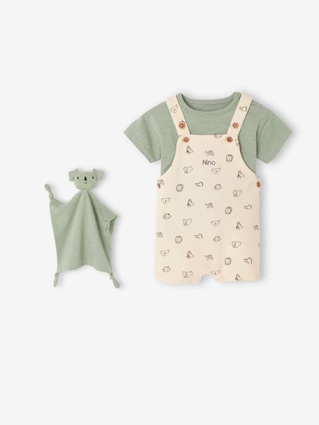 3-Piece Gift Set: T-Shirt + Dungarees + Comforter for Babies sage green - vertbaudet enfant 