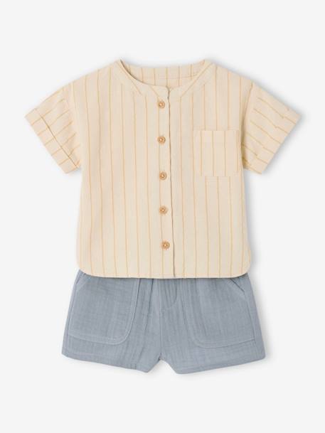 Baby Outfit: Striped Linen-Look Shirt + Gauze Shorts grey blue - vertbaudet enfant 
