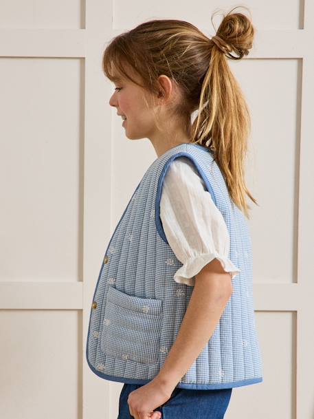 Gingham embroidered CYRILLUS girl's sleeveless quilted jacket chequered blue - vertbaudet enfant 