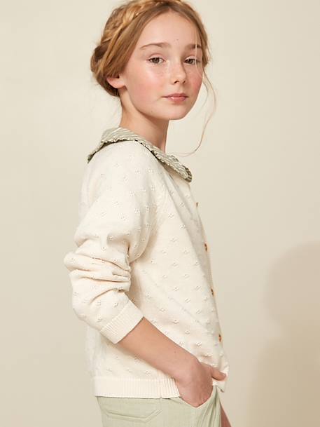 Girl's fancy stitch cardigan CYRILLUS ecru+pale pink - vertbaudet enfant 