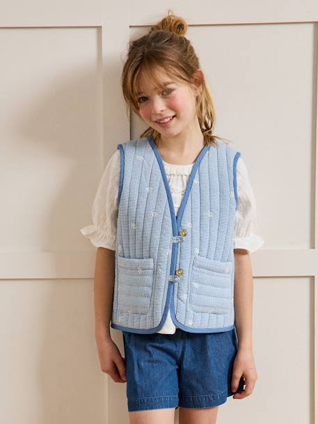 Gingham embroidered CYRILLUS girl's sleeveless quilted jacket chequered blue - vertbaudet enfant 
