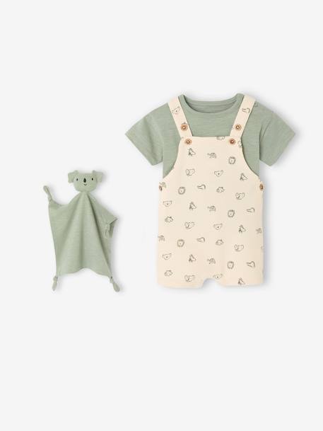 3-Piece Gift Set: T-Shirt + Dungarees + Comforter for Babies sage green - vertbaudet enfant 