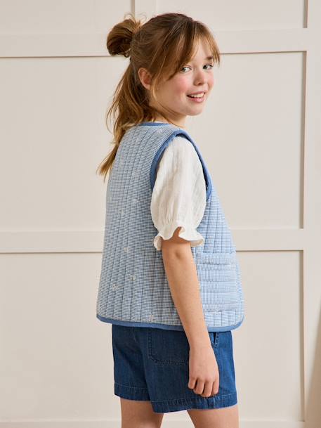 Gingham embroidered CYRILLUS girl's sleeveless quilted jacket chequered blue - vertbaudet enfant 