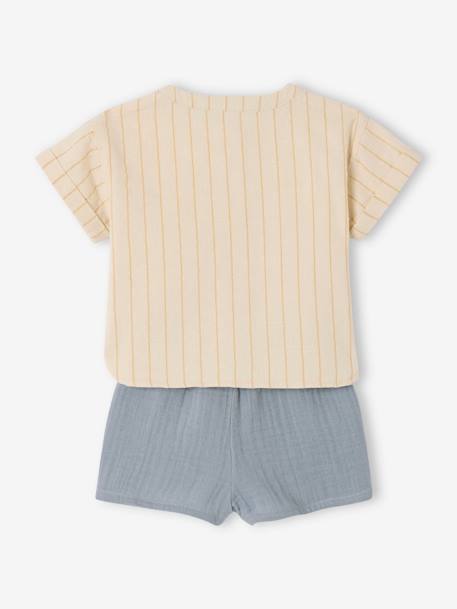 Baby Outfit: Striped Linen-Look Shirt + Gauze Shorts grey blue - vertbaudet enfant 