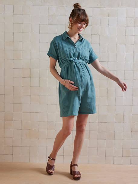Cotton Gauze Playsuit, Maternity & Nursing emerald green - vertbaudet enfant 