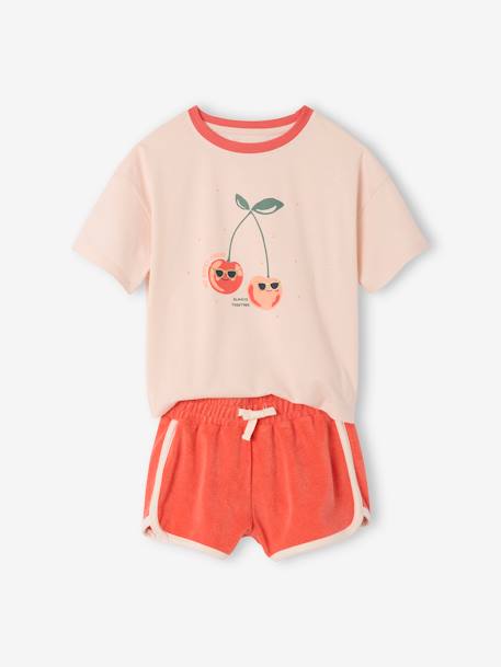 Terry Cloth T-Shirt & Shorts Set for Girls coral+lilac - vertbaudet enfant 