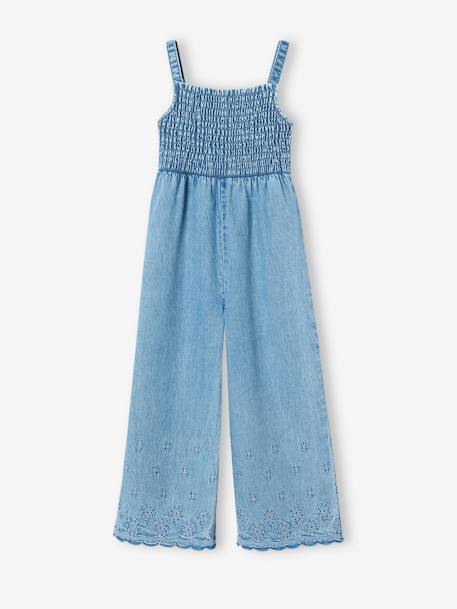 Lightweight denim floral embroidered mock neck jumpsuit for girls light blue - vertbaudet enfant 