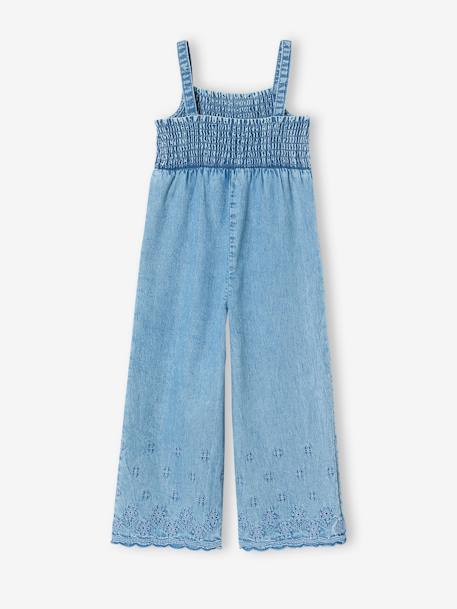 Combinaison à mocks brodée fleurs fille en denim léger bleu clair - vertbaudet enfant 