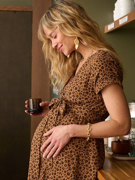 Robe longue grossesse effet cache-coeur en gaze de coton argile+beige+marine+terracotta - vertbaudet enfant 