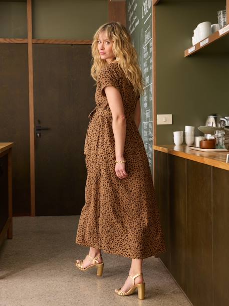 Robe longue grossesse effet cache-coeur en gaze de coton argile+beige+marine+terracotta - vertbaudet enfant 