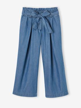 -Pantacourt fille large en denim léger style "paperbag" 