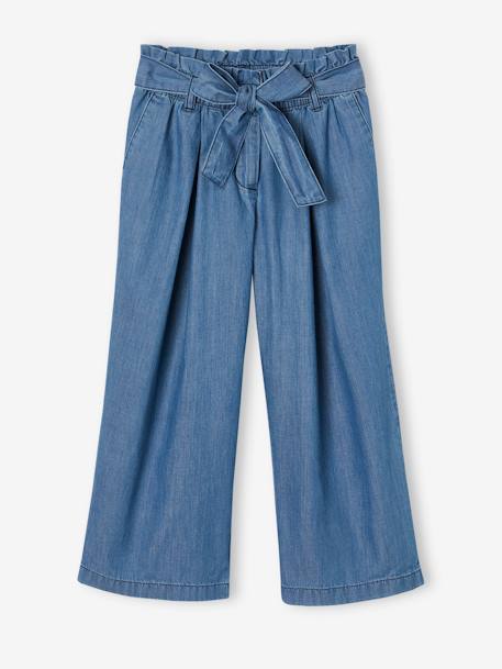 Pantacourt fille large en denim léger style 'paperbag' bleu moyen+double stone - vertbaudet enfant 