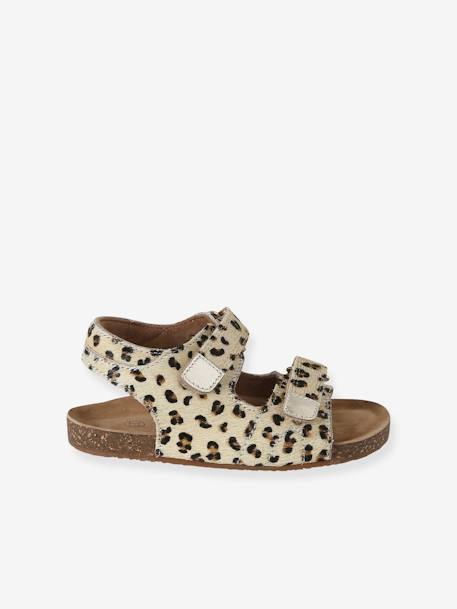 Leather Hook-&-Loop Sandals with Fur-Effect, for Children printed beige - vertbaudet enfant 