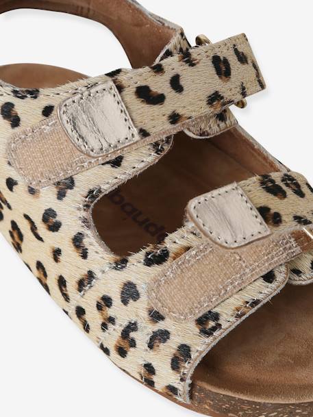 Leather Hook-&-Loop Sandals with Fur-Effect, for Children printed beige - vertbaudet enfant 