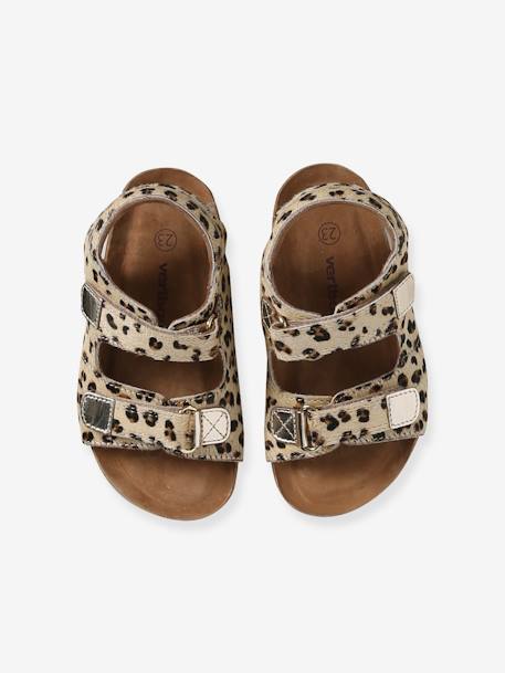 Leather Hook-&-Loop Sandals with Fur-Effect, for Children printed beige - vertbaudet enfant 