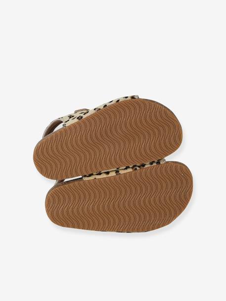 Leather Hook-&-Loop Sandals with Fur-Effect, for Children printed beige - vertbaudet enfant 