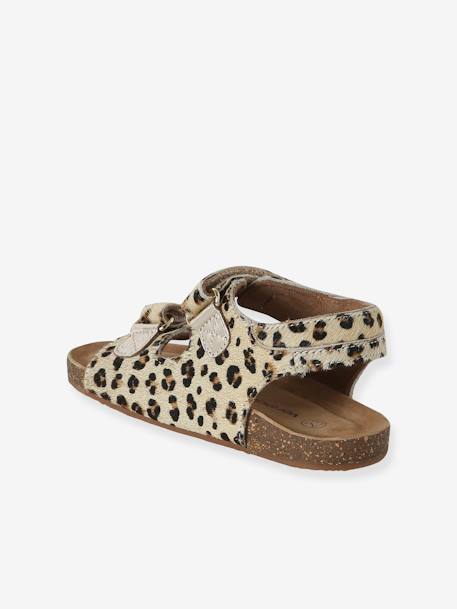 Leather Hook-&-Loop Sandals with Fur-Effect, for Children printed beige - vertbaudet enfant 