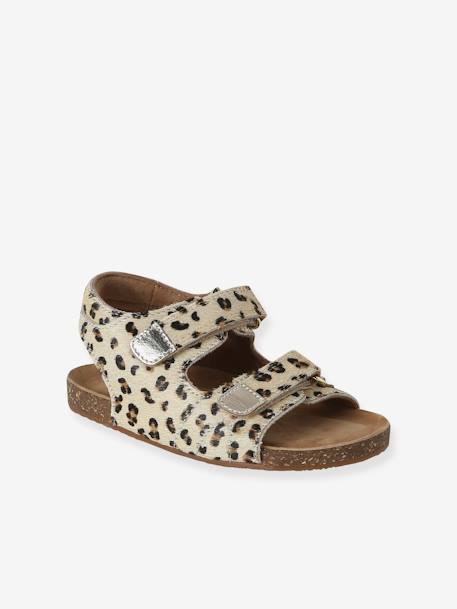 Leather Hook-&-Loop Sandals with Fur-Effect, for Children printed beige - vertbaudet enfant 