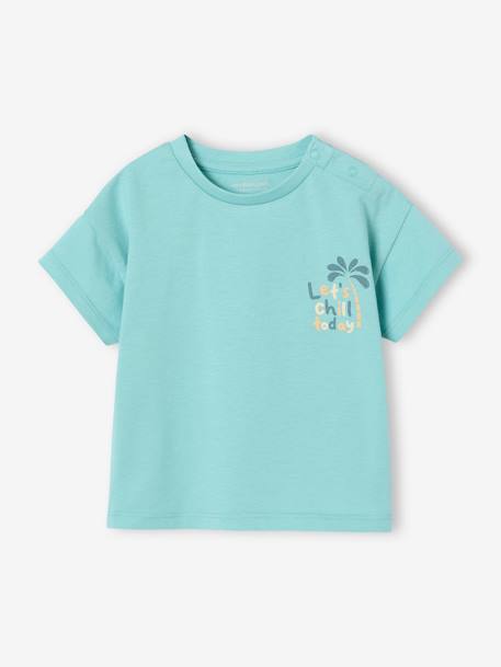 T-Shirt with Large Motif on the Back & Press Stud on Shoulder for Babies turquoise - vertbaudet enfant 